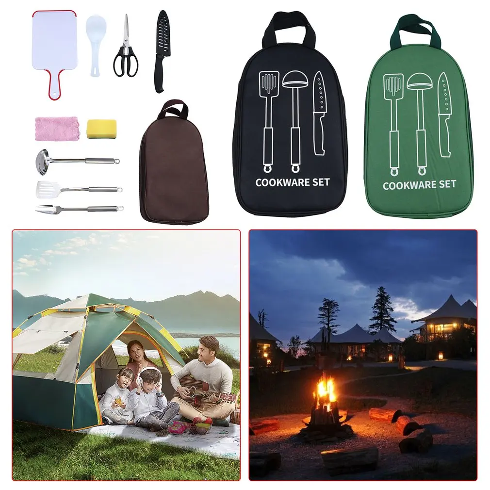 

Outdoor Cookware Tableware Bag Spatula Spoon Stainless Steel Set Outdoor Camping Kitchen Utensils Prevent Dust