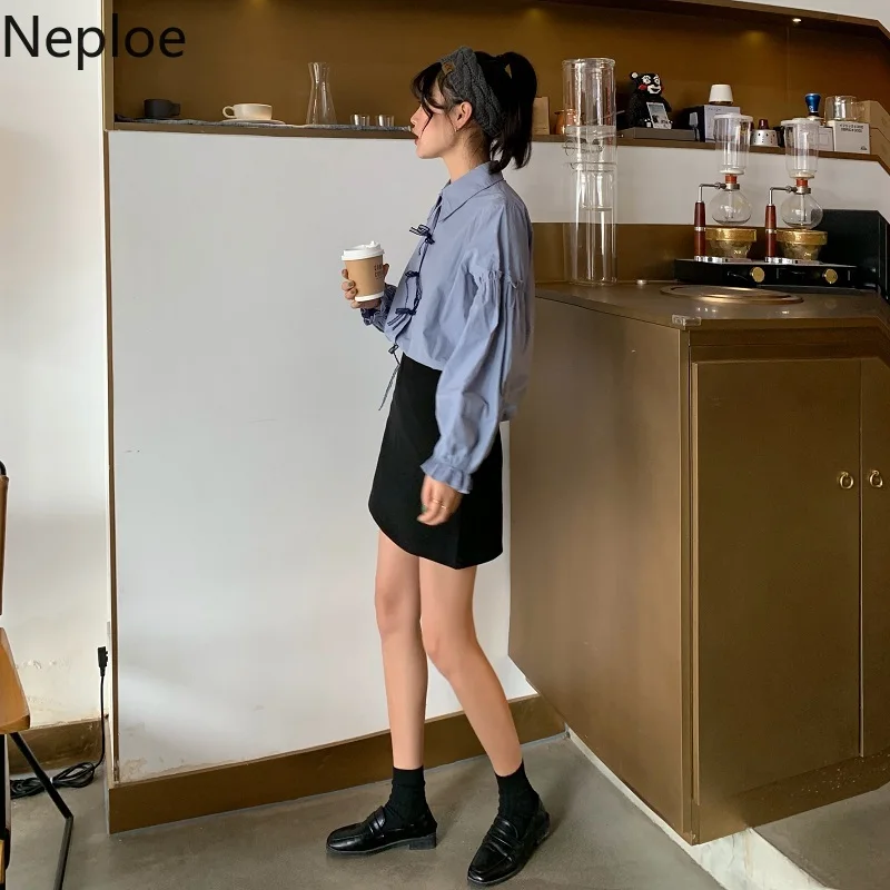 

2020 Autumn Spring New Lace Up Bow Design Shirt Turn Down Collar Puff Long Sleeve Blouse Loose Solid Blusas Wild 48057