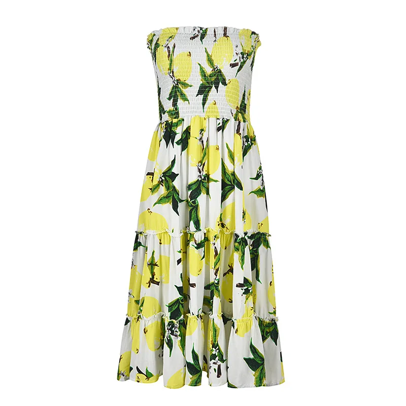 

Summer New Sexy Wrapped Chest Strapless Lemon Print Holiday Style Beach Big Swing Skirt Woman Dress