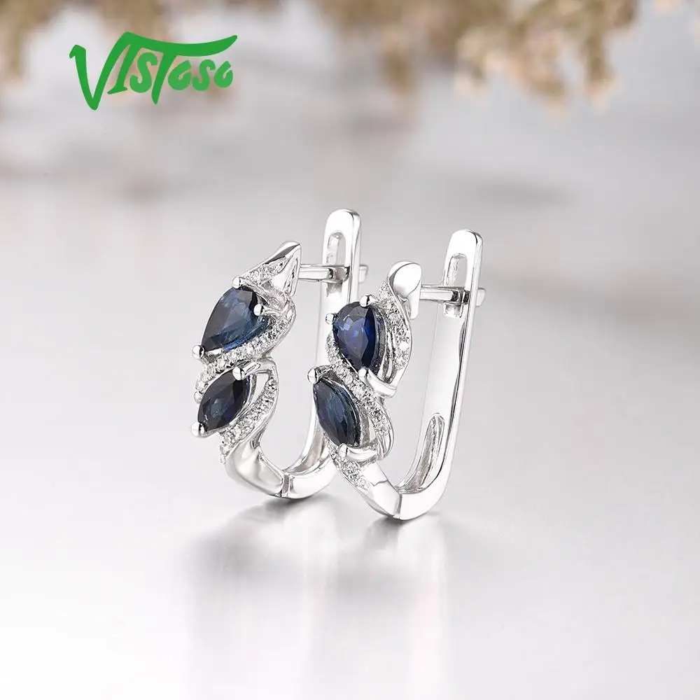 VISTOSO золотые серьги для Для женщин Чистый 14 K 585 Белое золото сверкающий синий сапфировый бриллиант Юбилей Свадебные Элегантные изысканные украшения