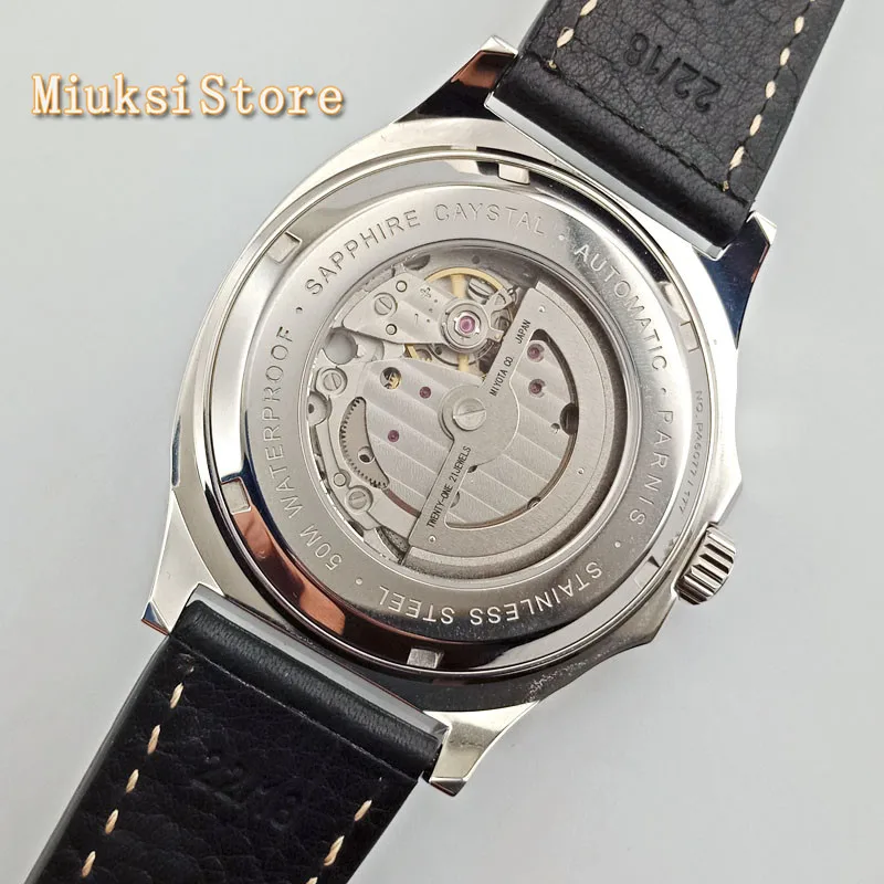 Мужские Роскошные Механические часы PARNIS 43 мм с синим циферблатом и сапфировым