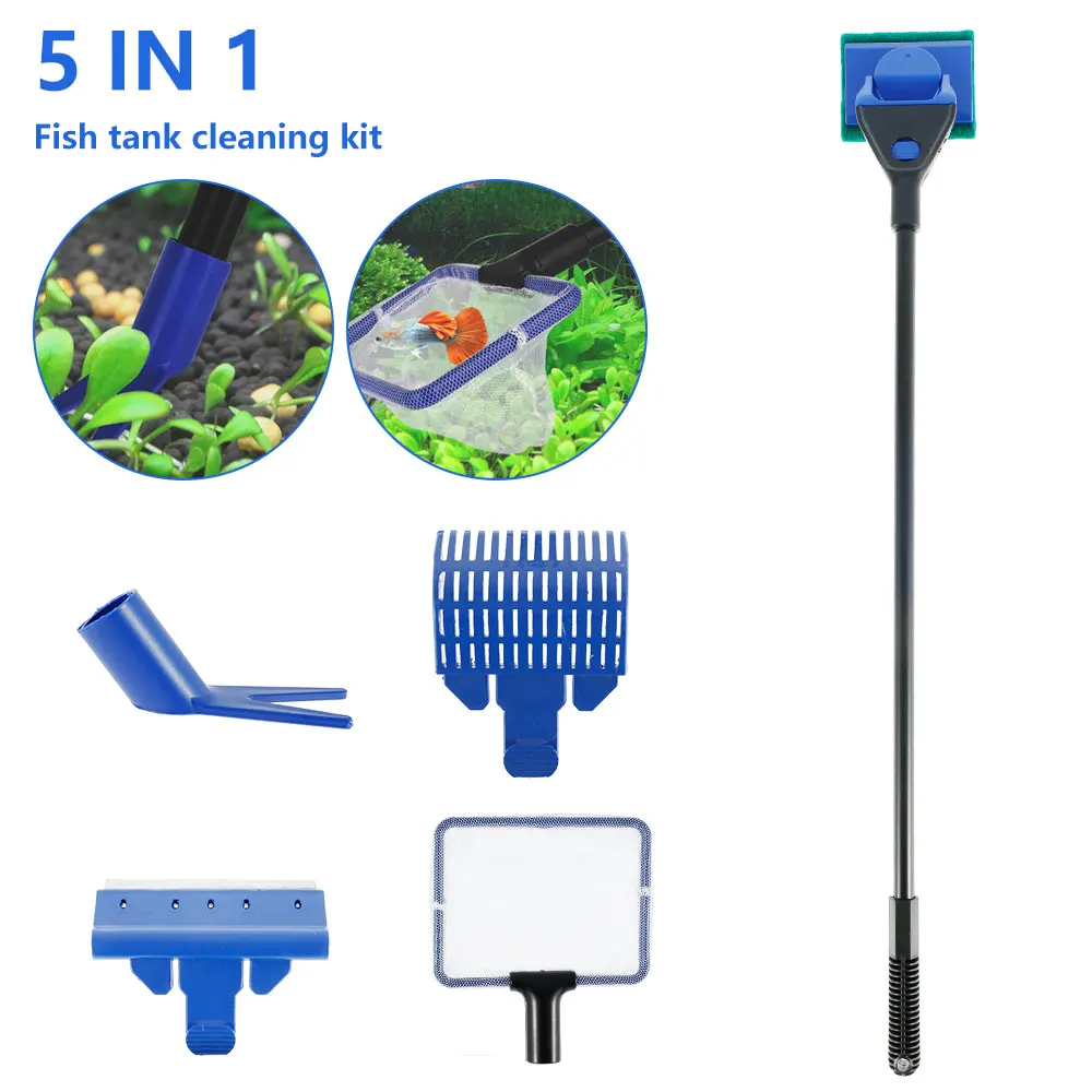 

5 In 1 Fish Tank Aquarium Cleaning Tool Fishing Net Glass Brush Plant Fork Algae Scraper Gravel Rake Fishnet Cleaner Kit