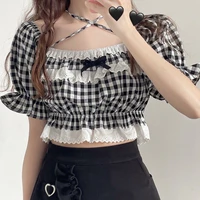 japanese soft girl cute lace hanging neck straps puff sleeve plaid shirt korean vintage kawaii sweet sexy blouse summer tops new