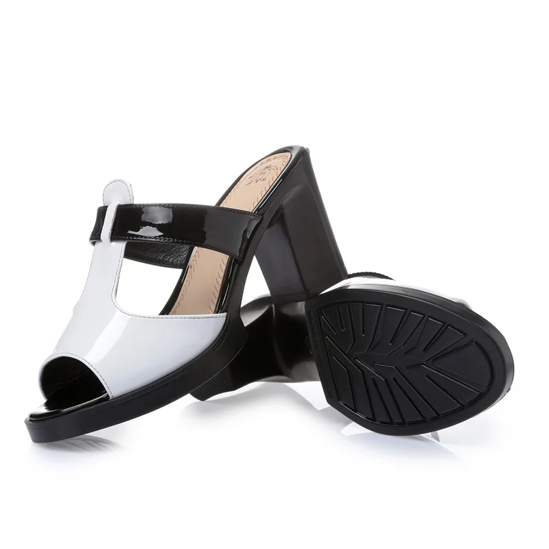 

Women's Shoes Patent Leather Sandals Patchwork Platform Square Heels Peep Toe Slip on Fashion Casual Retro Derss Female Ladies