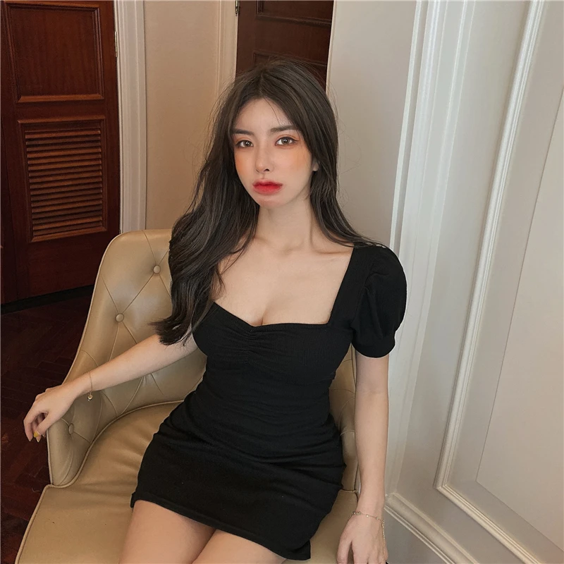 

New 2021 Korean Summer Temperament One Piece Women Dress Slim Waist Ladies Party Dress Vintage Sexy Off Shoulder Women Dresses