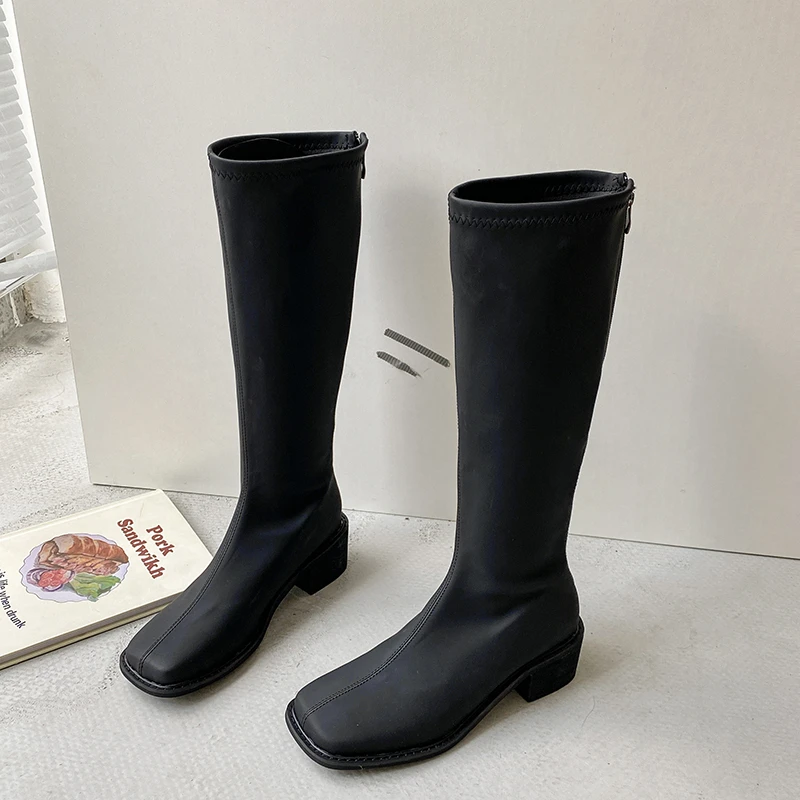 

2021 Women's Boots Autumn and Winter New Style PU Round Toe Knee-length Women's High Boots Plus Velvet Thick High-heeled Boots