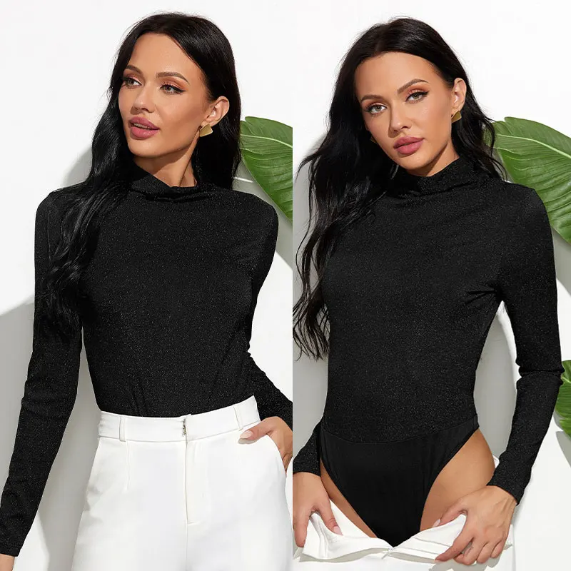 

Повседневный однотонный базовый осенний боди для фитнеса, женский боди с длинным рукавом и воротником, женский комбинезон, Черный боди 2020