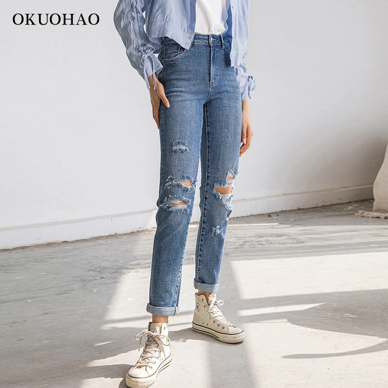 

Ripped Jeans Woman High Waist Slim Casual Elasticity Denim Trousers Female Fashion Straight Leg Oversize Vintage Clothes 2021