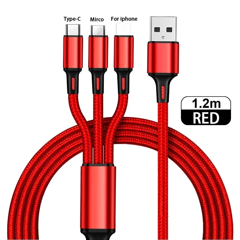 

3 in 1 5V 3A Fast Charging Cable Data Charging Wire Cord USB Cable Type-C Charger for Samsung Note10 Xiaomi Note 8T on iphone 12