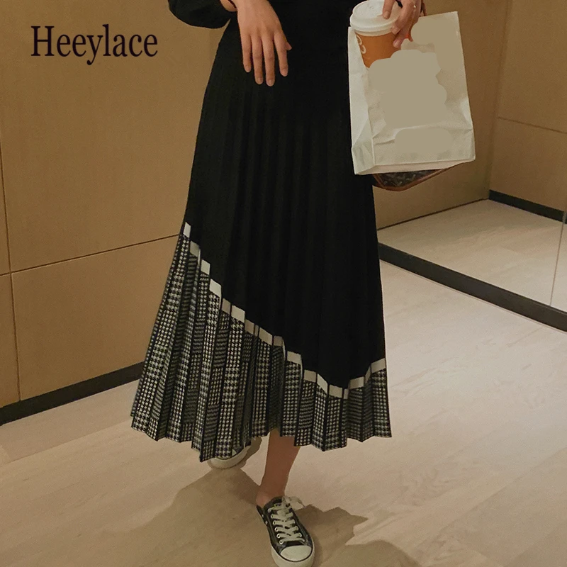 

Autumn Winter Vintage Plaid Patchwork Knitting Pleated Women's Skirts New 2021 High Waist Umbrella Long Skirts Female