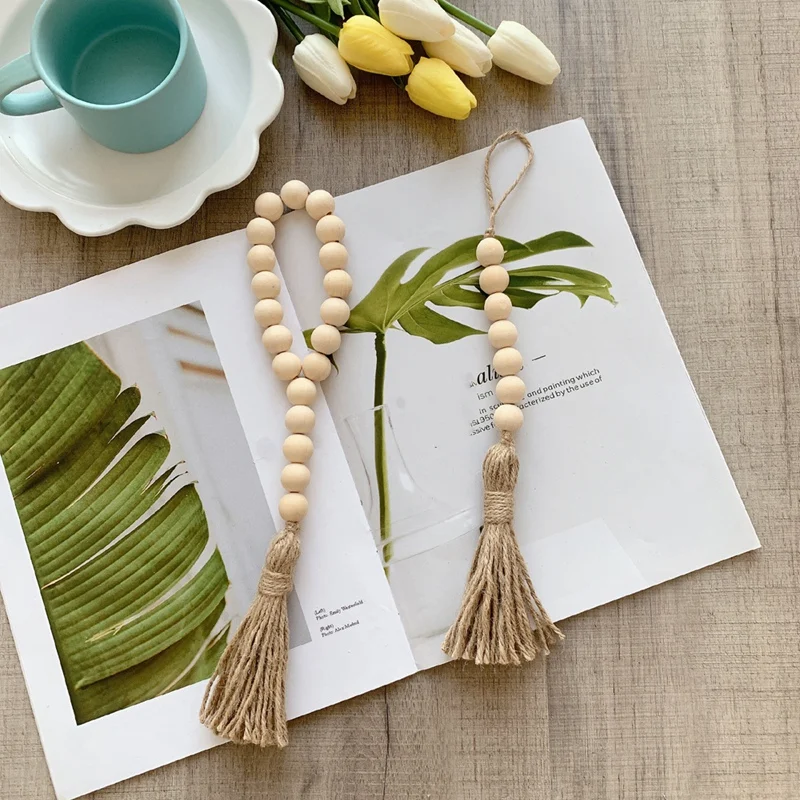 

6 Packs Wood Bead Garland with Tassels,Prayer Beads Farmhouse Rustic Natural Wooden Bead Garland