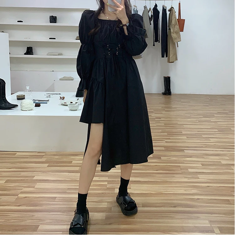 

2020 Autumn Women'S Clothing White Split Elegant Dress Women Black Chiffon Midi Dress Harajuku Irregular Designer Fairy Dresses