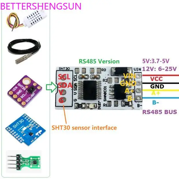 

SHT30 temperature and humidity sensor RS485 bus Modbus Rtu module SHA8C01