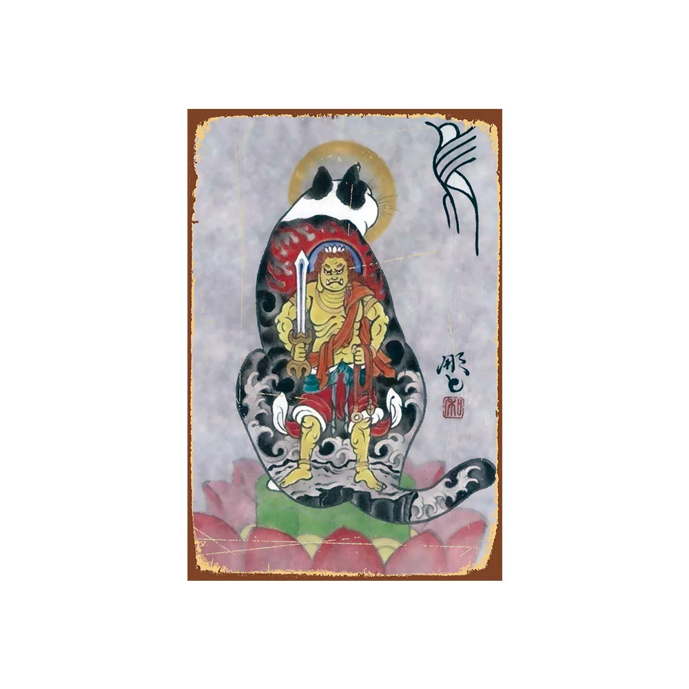 

Classic personality painting metal plate poster bar decoration painting Japanese ink painting cat tattoo banquetas para balcao