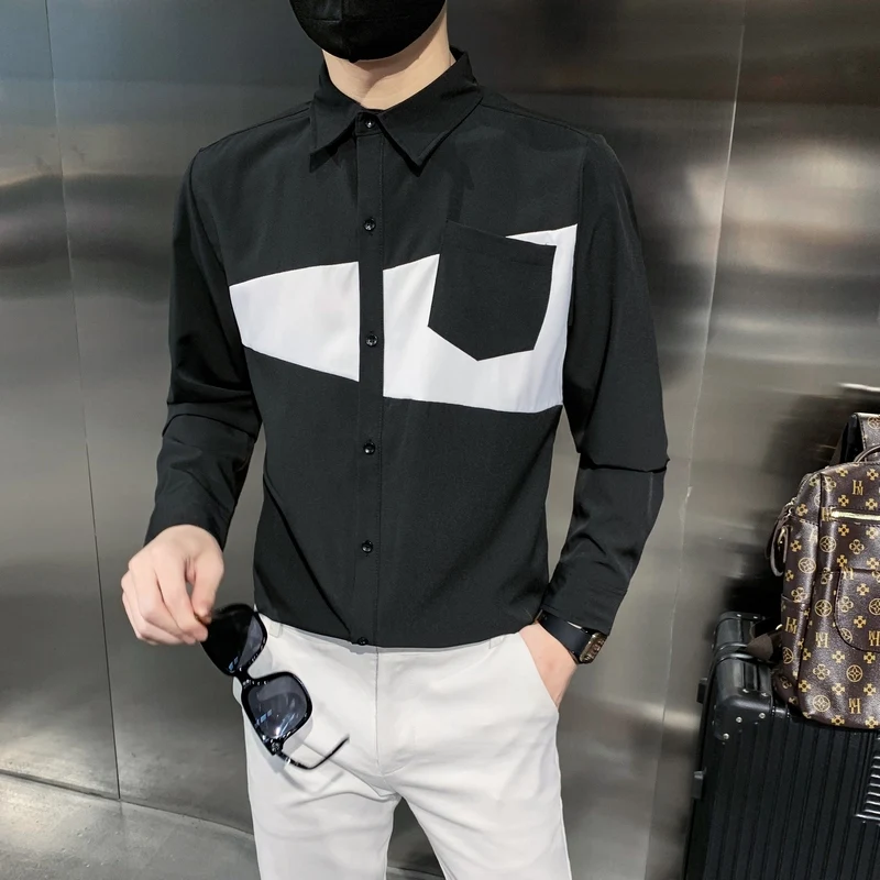 

Black/White Spliced Mens Dress Shirt Tops Korean Style Slim Fit Camisa Social Masculina Streetwear Long Sleeve Casual Shirts Men