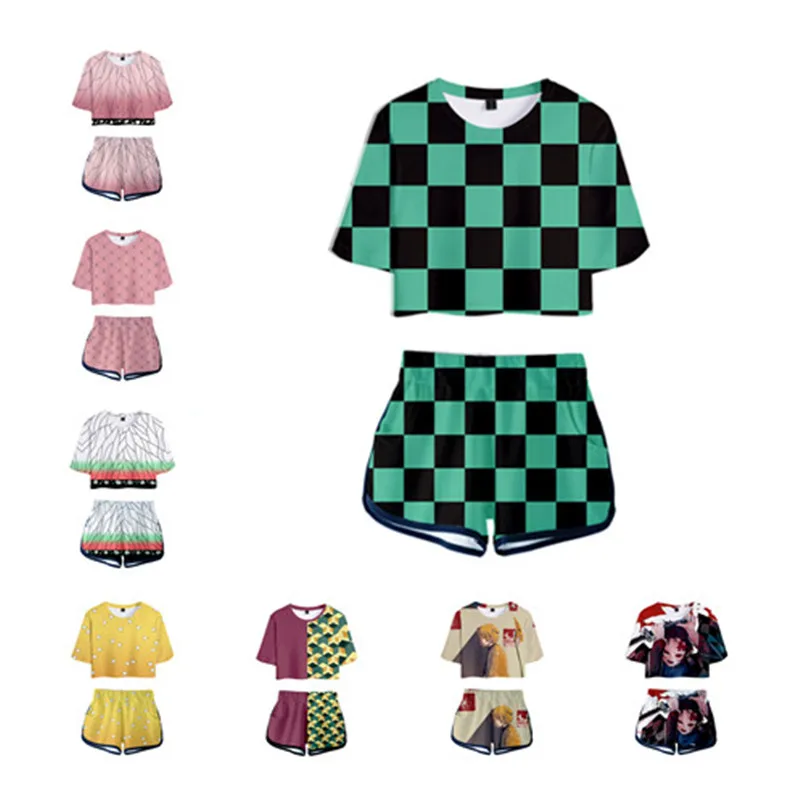 

Demon Slayer Kimetsu no Yaiba Agatsuma Cosplay Costume Kamado Nezuko Uniform Cotton T-shirt Short with keychain Dress Sportswear