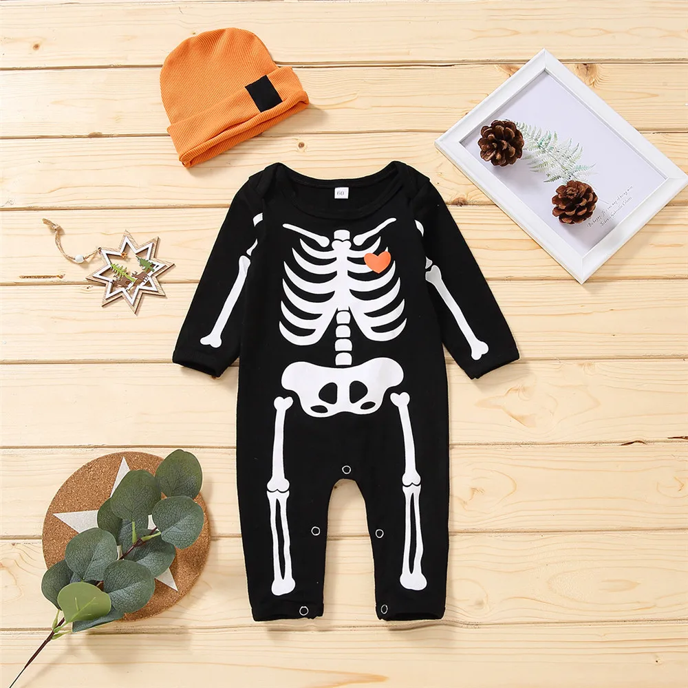

Baby Halloween Costume Baby Girls Boys Long Sleeve Rompers Playsuits + Hat Newborn Skull Printed Jumpsuits Baby Boy Clothes Set