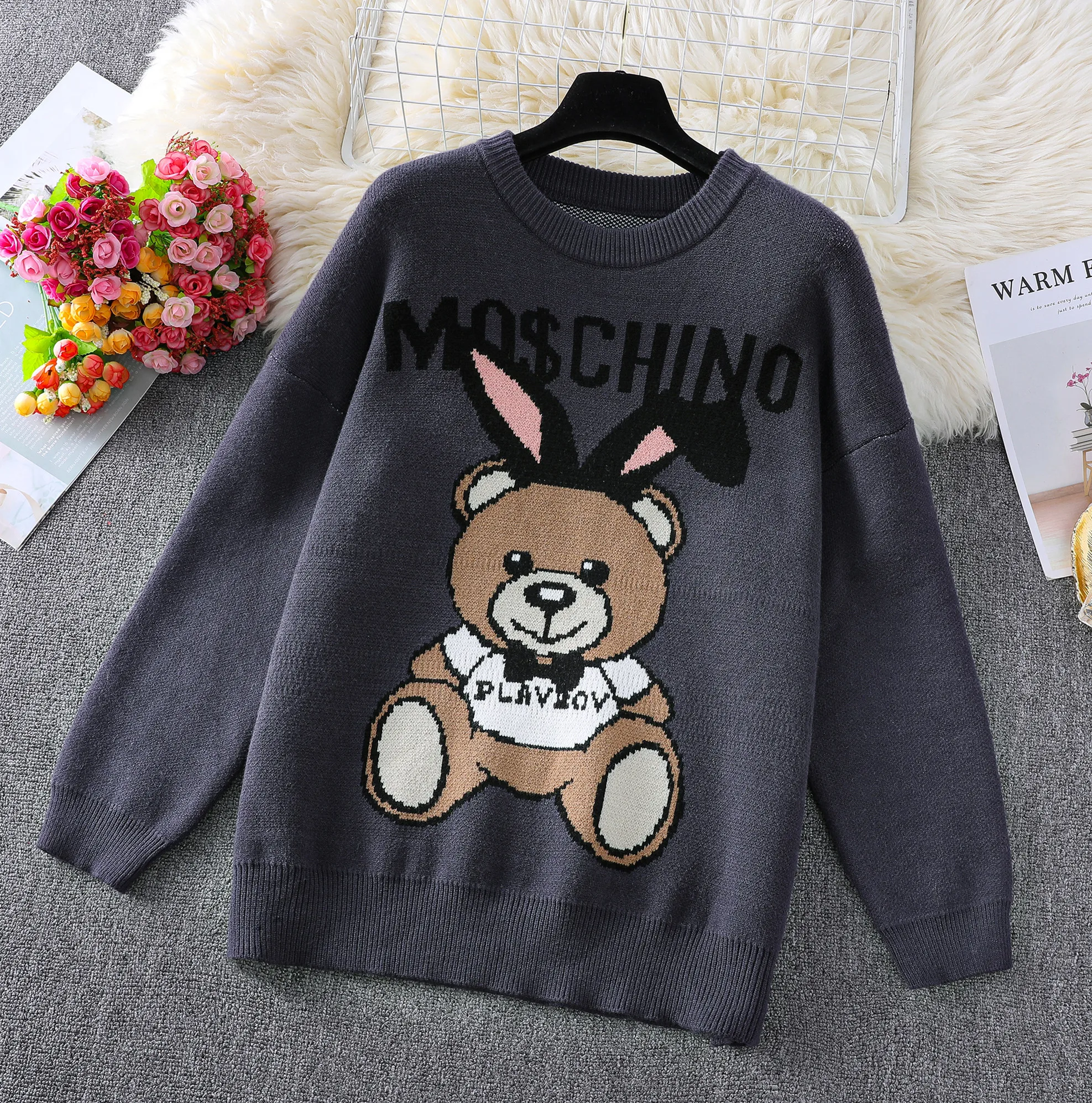 

New Style 2020 Sweater Women's Autumn & Winter Long Sleeve Pullover Loose-Fit Cartoon Animation Bear Knitted Jacket