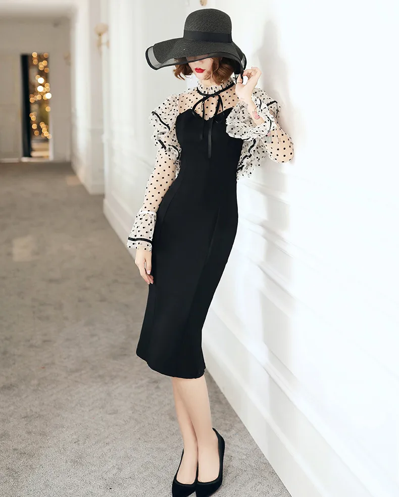 Пикантные черные сапоги миди платье 2019 модные элегантные прозрачные Flare рукавом