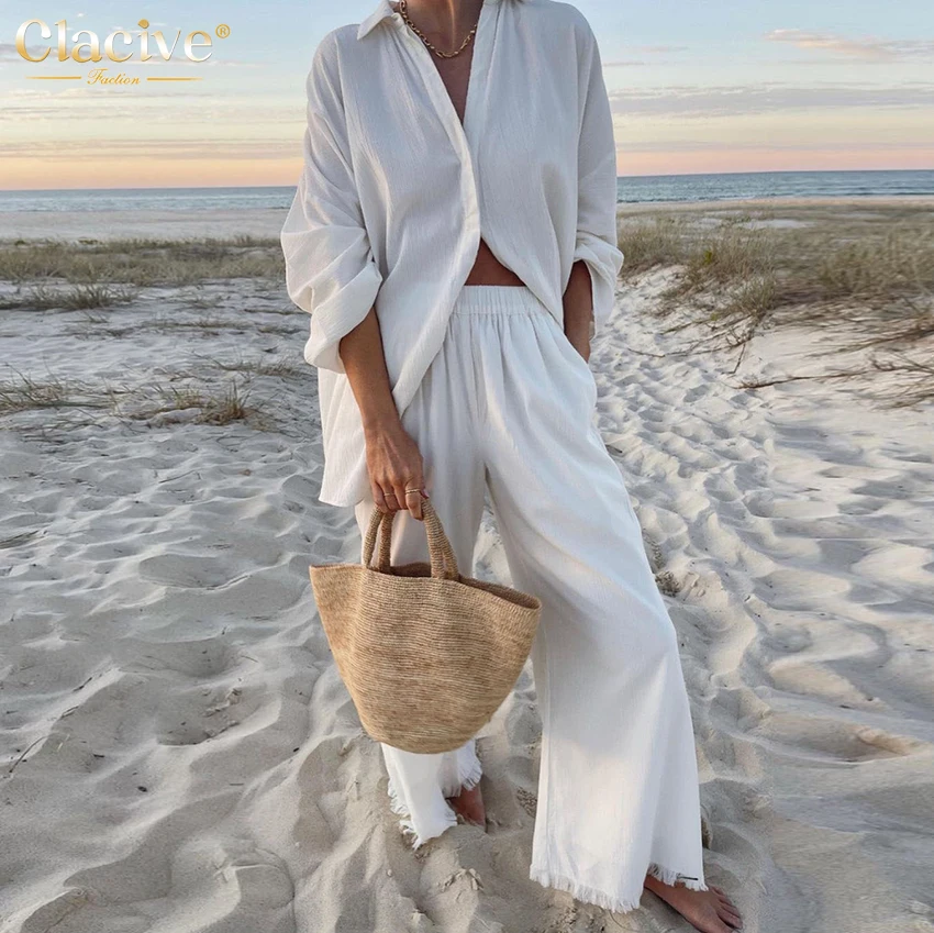 

Clacive Casual White Lapel Blouse Pants Set Woman 2 Pieces Elegant High Waist Trouser Suits Female Fashion Loose Wide Pants Set