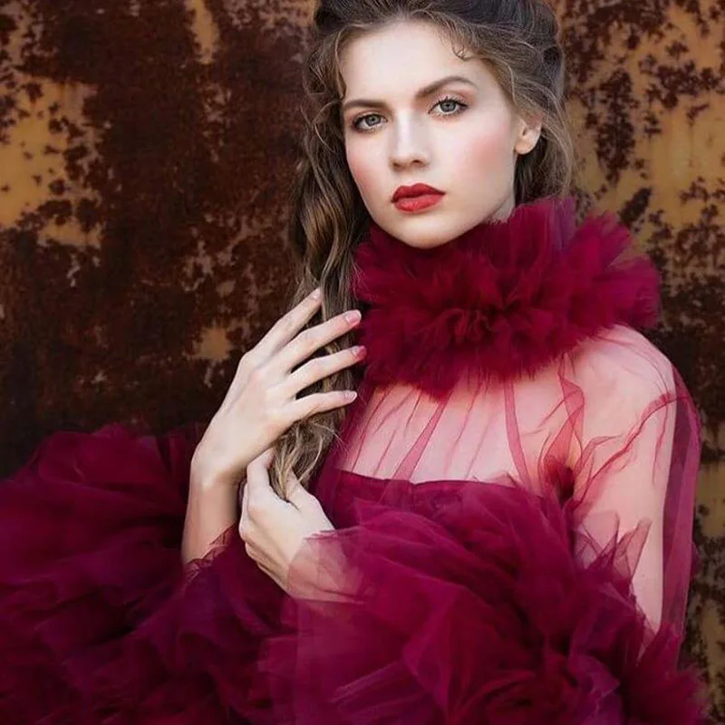 

Unique Wine Red See Thru Tulle Women Tops And Blouse 2020 With Long Sleeves Tutu Ruffles Tiered High Neck Female Top