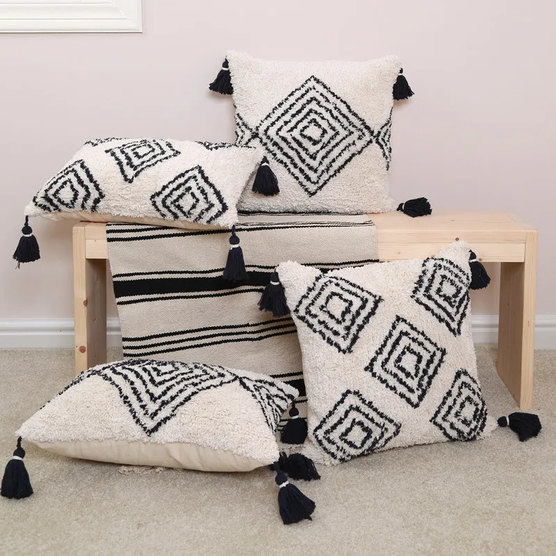 

New Black Beige Tufted Cushion Cover Tassels Home Decor Embroidery Pillow Cover 45x45/30x50cm Geometric Sofa Couch Bedroom