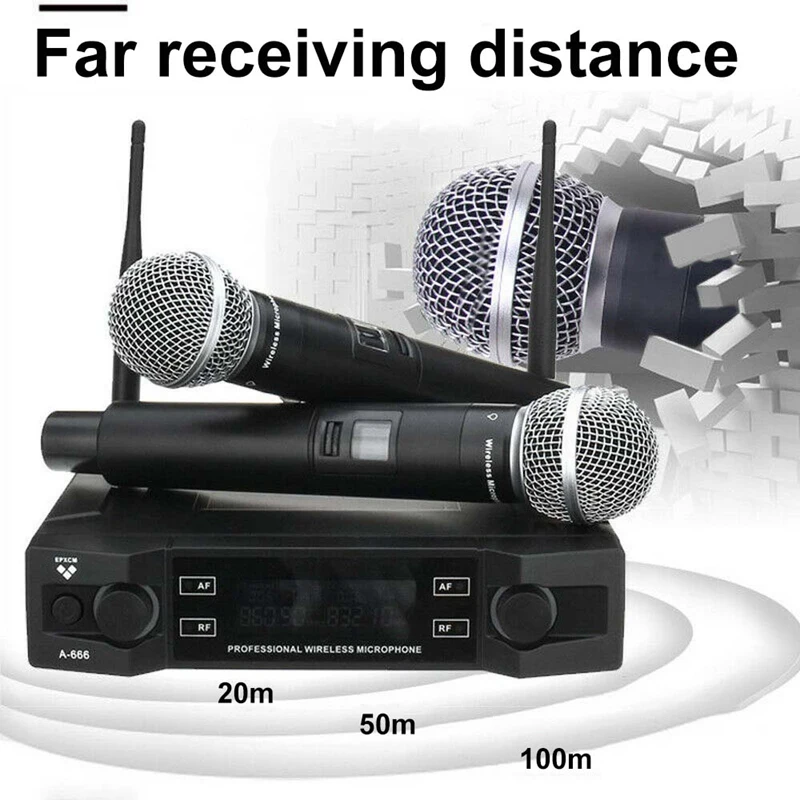 

Wireless Dual Handheld Microphone 2 Channel VHF Mic KTV System Karaoke EU Plug