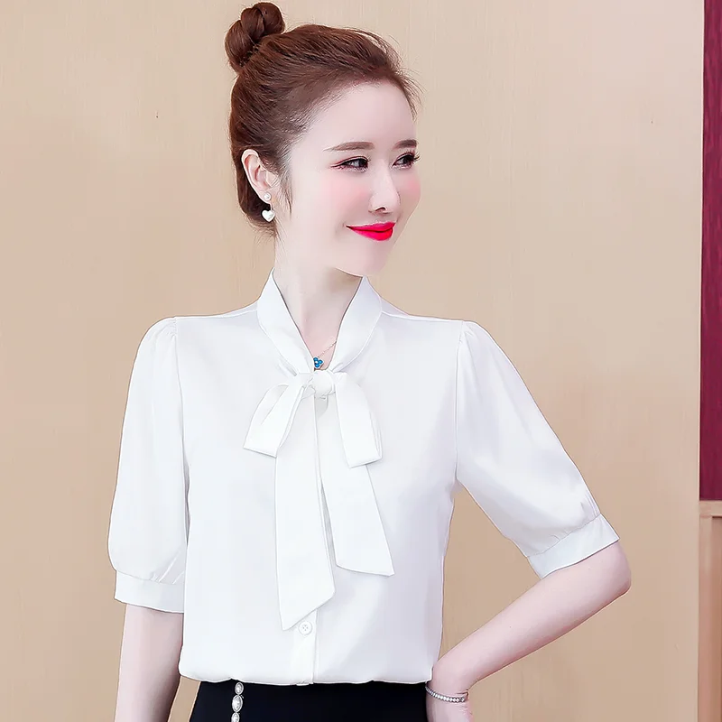 

Шифоновые облегающие Женские блузки, Новая повседневная блузка, Однотонная рубашка на пуговицах с бантом, модный топ с коротким рукавом, ле...