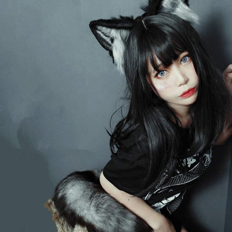 Новинка обруч для волос ручной работы с животными чёрная лиса волк волки уши