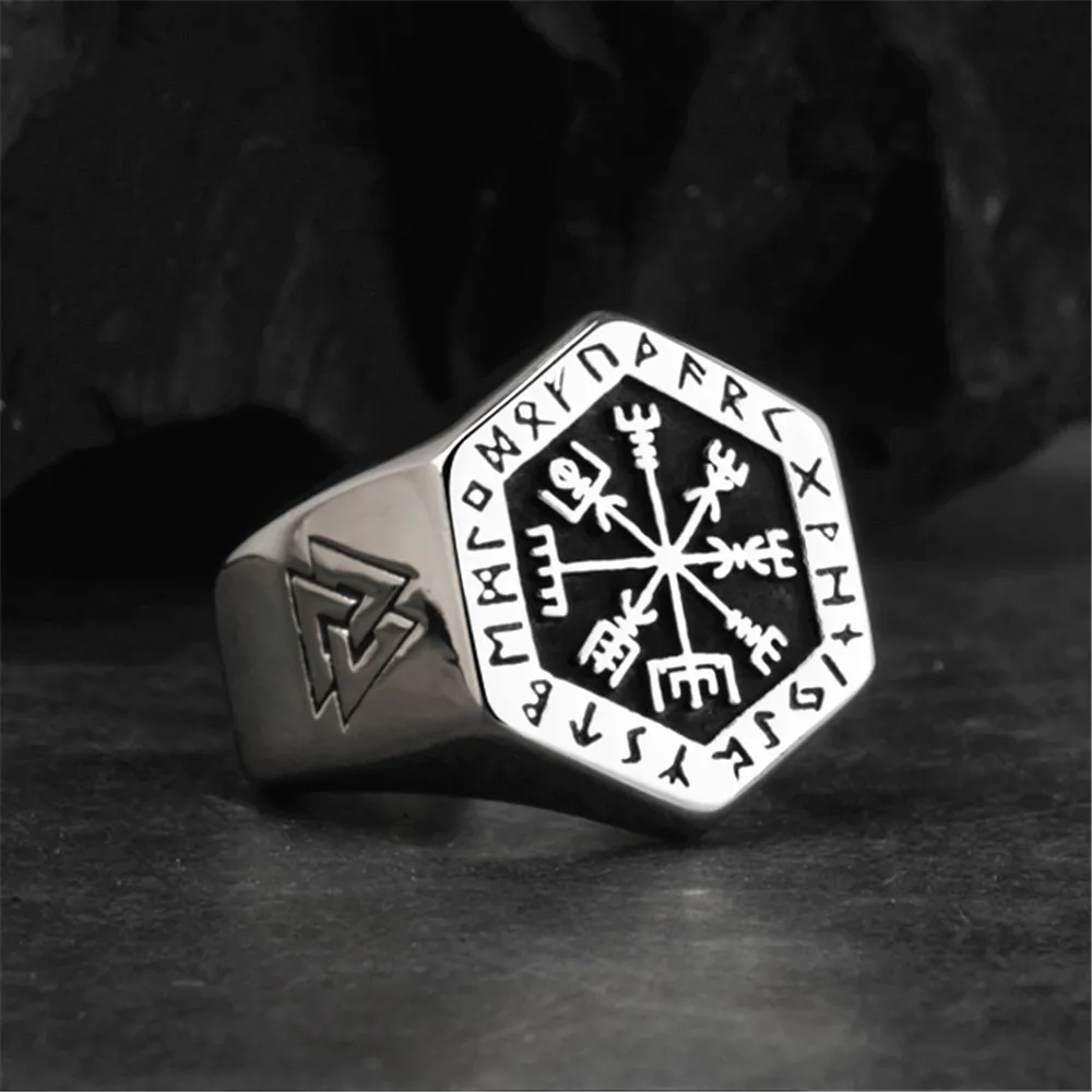 

Viking Compass Runic Statement Rings Men Vegvisir Stainless Steel Rings Nordic Mythology Viking Totem Rune Index Ring Odin Men