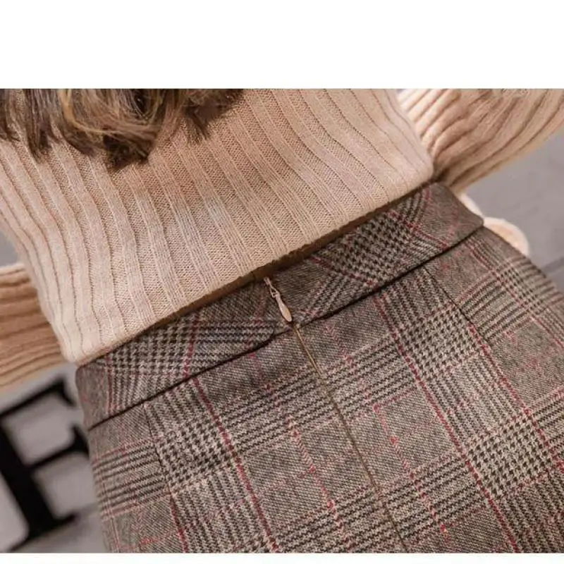 

Autumn & Winter New High-waisted Thin Woolen Skirt Simple Plaid Casual All-match Women Irregular Fishtail Skirt Free Shipping