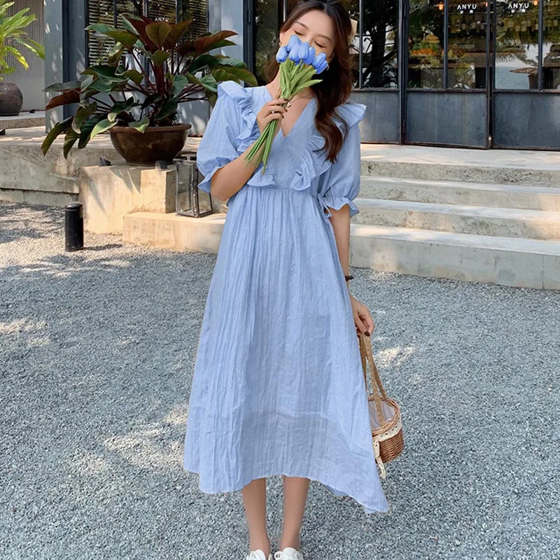 

One-Piece 2021 New Korean Style Summer Chic Dress French Fashion Puff Sleeve V-Neck Maternity Dress Elegant Temperament Dresses