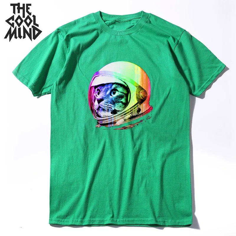 mo0160CM-GREEN COOLMIND, хлопок, короткий рукав, Космический Кот, принт, Мужская футболка, летняя, с круглым вырезом, Мужская футболка, крутая футболка, мужские футболки - Цвет: mo0160CM-GREEN