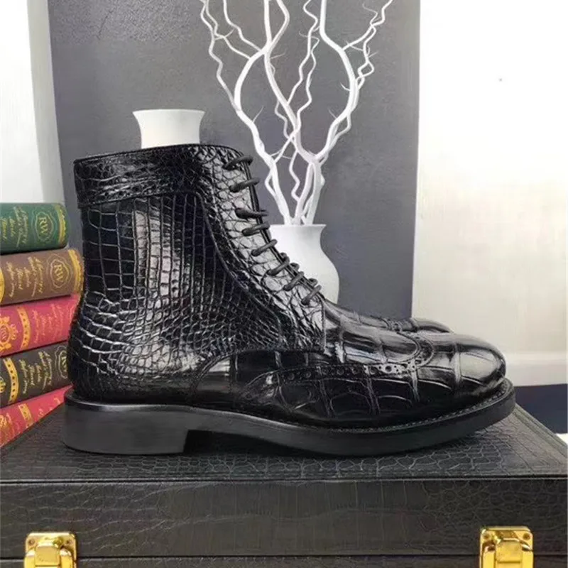 

Authentic Exotic Real Crocodile Belly Skin Handmade Men's Ankle Shoes Genuine True Alligator Leather Male Winter Lace-up Boots