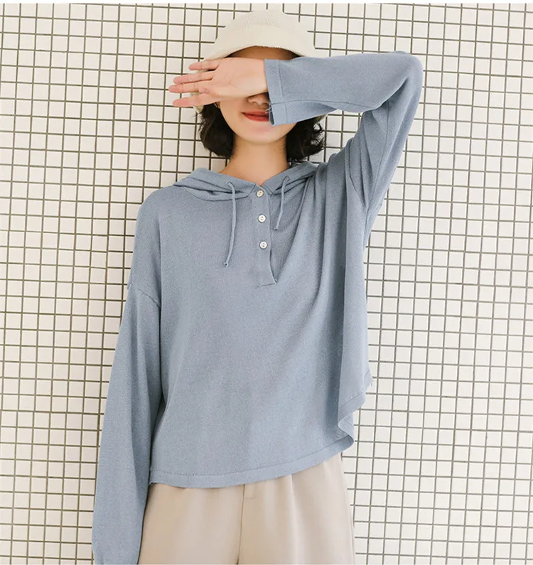 

Hooded Sweatershirt Women Spring 2020 Long Sleeve Knitted Tops Korean Fashion Causal Loose Solid Color Student Tops
