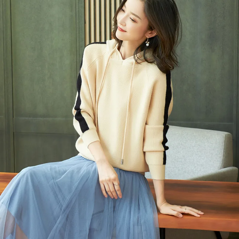 

2020 patckwork New Leisure Hooded Pullover Sweatshirt Loose Striped Long-Sleeve Coat