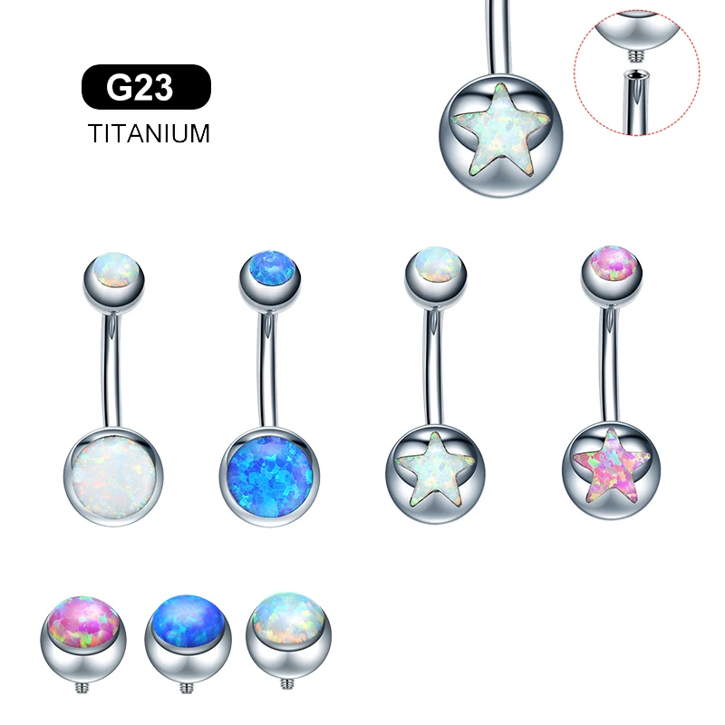 1 PC G23 Titanium Star Opal Belly Button Rings Industrial Helix Screw Sexy Navel Piercing Stud Women Body Piercing Jewelry 14G