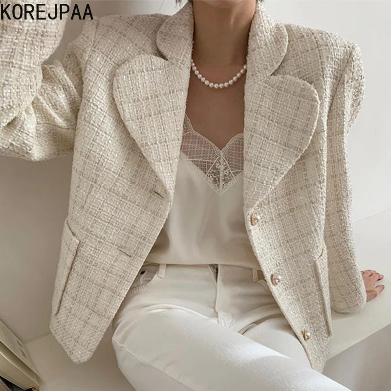 

Korejpaa Vintage Plaid Women Jacket Autumn Winter Korea Style Turn-down Collar Pearl Button Up Double Pockets Tweed Short Coat