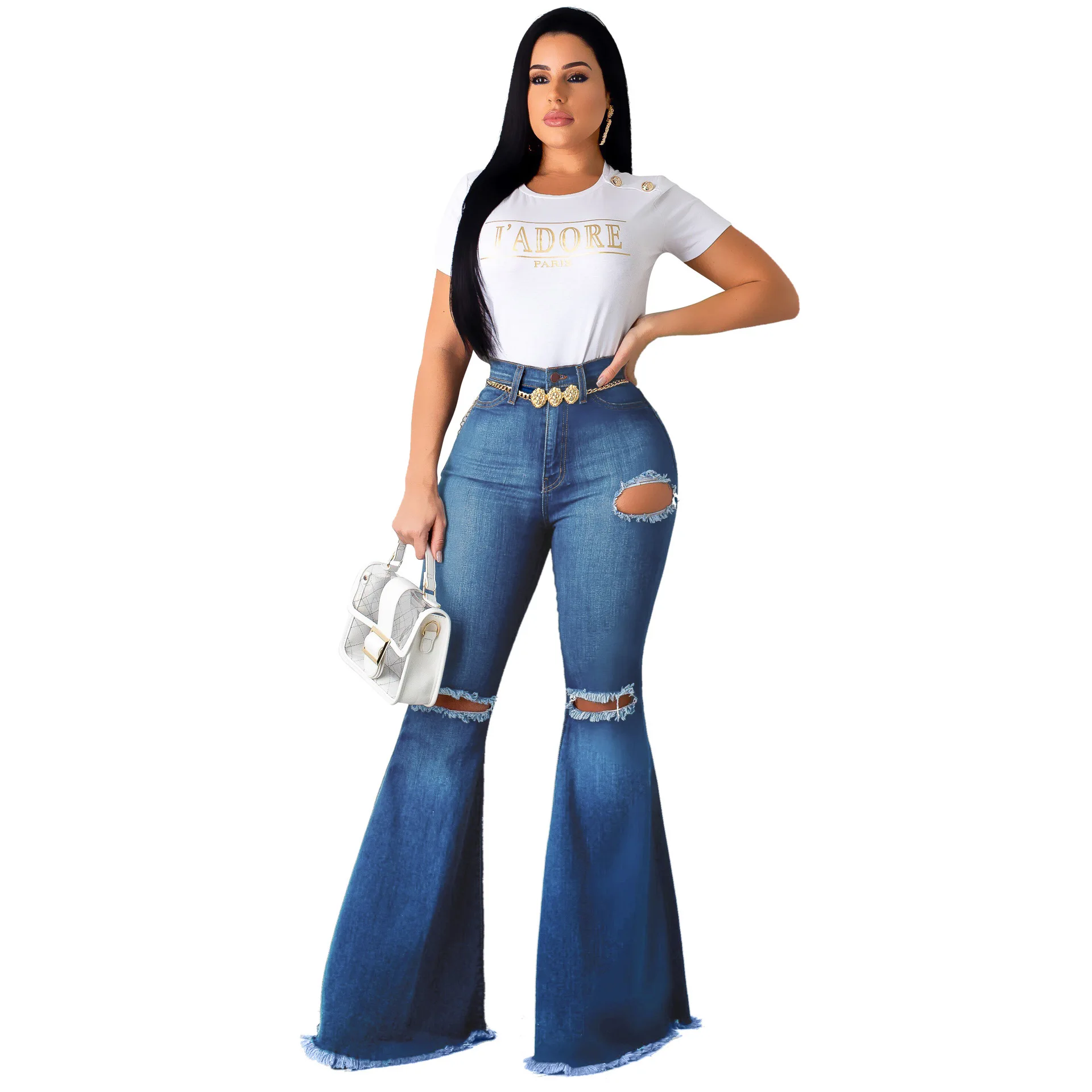 

European And American Retro High-waisted Retro Stretch Buttock Lifting Torn with Holes Cool-Wide-Leg Bell-bottom Pants Jeans