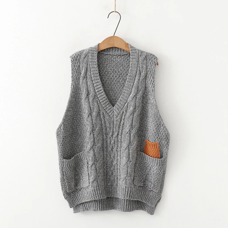 

2020 Winter Sweater Sleeveless V Neck Patchwork Pockets Japan Style Girls Bottom Tops Knitted Vest Women