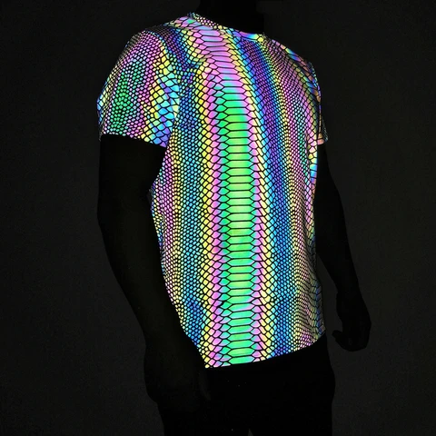 Прямая поставка, светоотражающая футболка с рисунком товара, Мужская Уличная одежда в стиле хип-хоп, Короткие топы, футболка радужного цвета с изображением ночного отражения