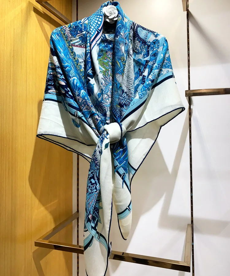 

Flower Cashmere + Silk Square Scarf Women Big Size Wrpas Shawls Hand Rolled Edge 135cm x 135cm