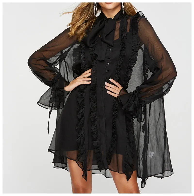 Женское платье-рубашка в стиле ретро черное свободное платье-мини с длинными