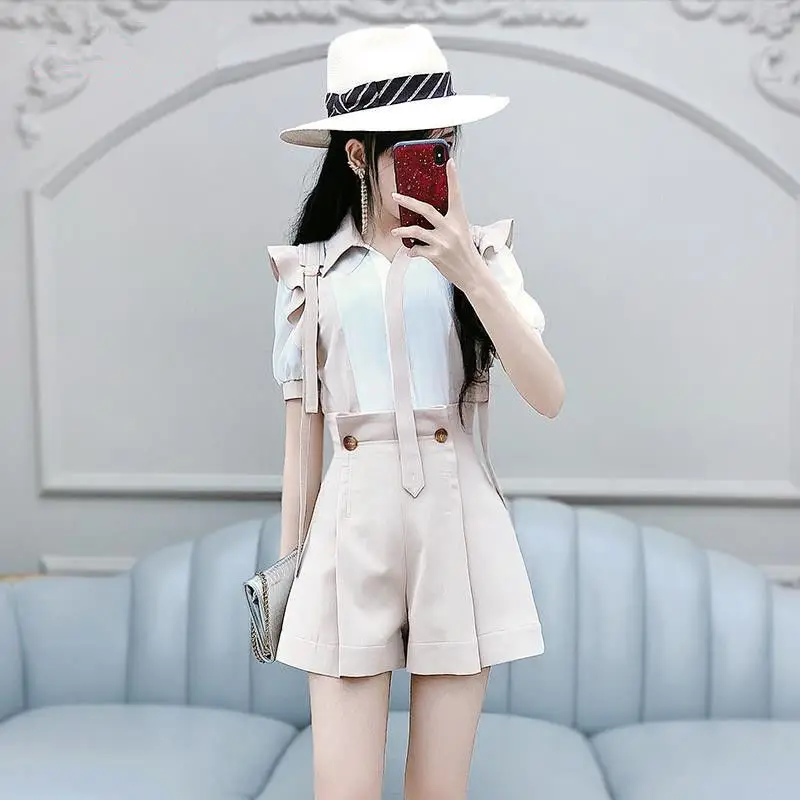 

Женский костюм из двух предметов, рубашка с коротким рукавом и шорты с широкими штанинами и высокой талией, Y512, лето 2021