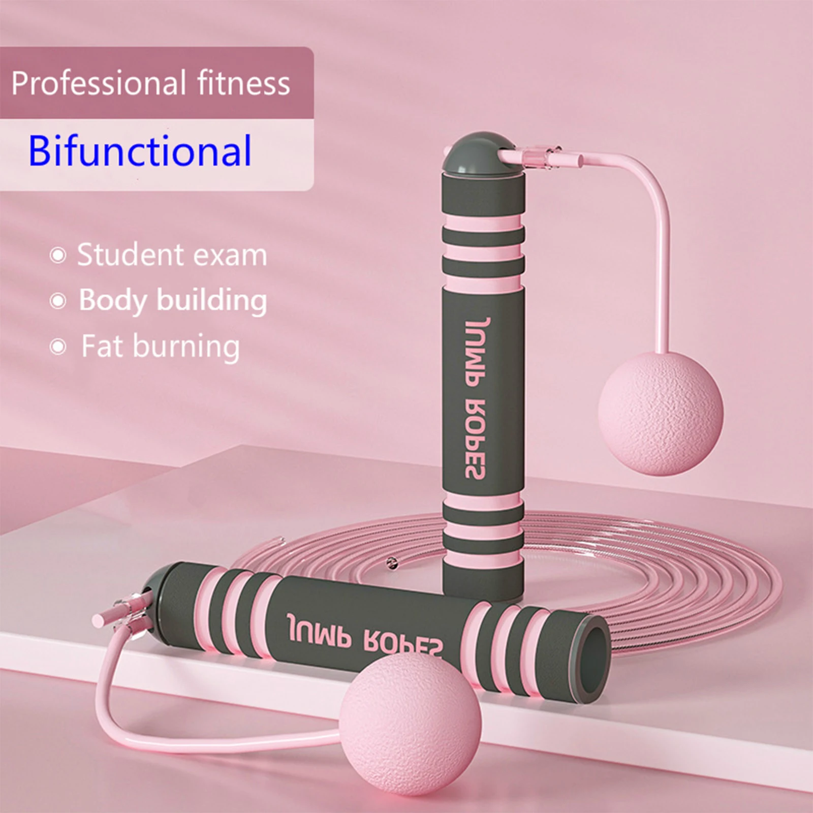 Newest Arrival Rope Skipping Portable Skipping Rope with Steel Wire Rope and Cordless Ball for Kids Adults Pink/Green