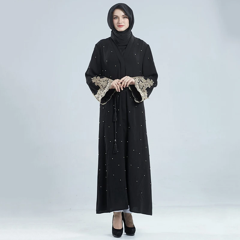 

Elegant Embroidery Full Dress Beading Muslim Abaya Lace Cardigan Kimono Long Robe Gowns Middle East Arab Islamic Prayer Clothing