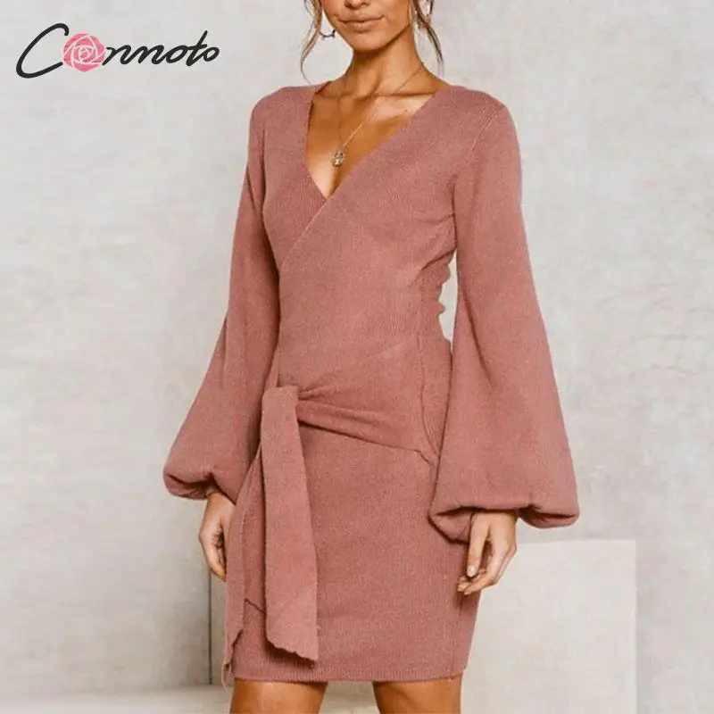 Conmoto сексуальное зимнее облегающее трикотажное платье для женщин с бантиком