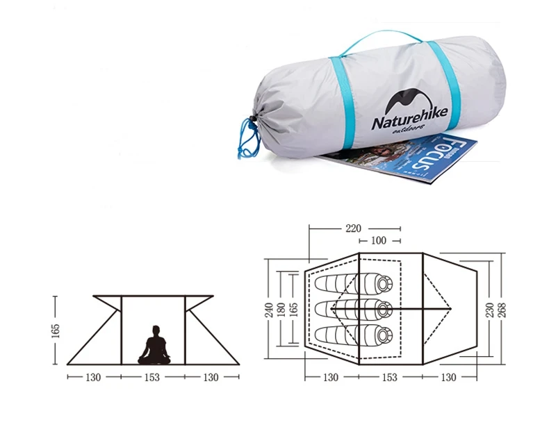 Походная палатка Naturehike, двухсторонняя дверь, большой зал, 3 человека, семейная палатка, солнцезащитная, водонепроницаемая, для путешествий, кемпинга, туризма