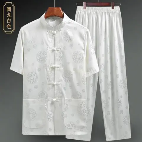 

Traditional Chinese Clothing Set Man Oriental 2 Pieces Tai Chi Kung Fu Uniforms Short Sleeve Tang costume Linen Casual Costumes