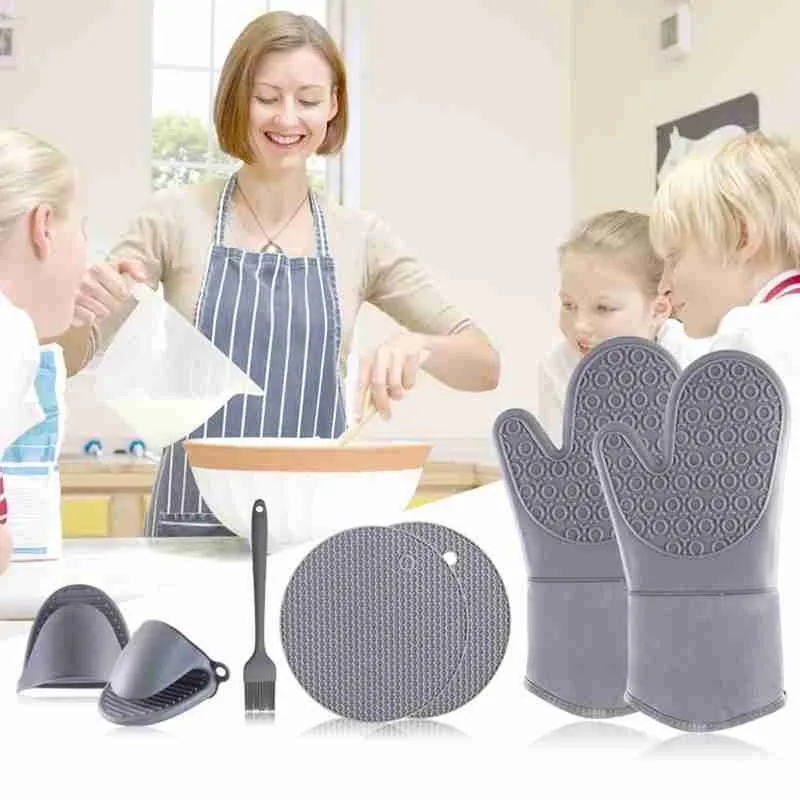 

Multifunctional Heat Resistant Silicone Non-slip Durable Oven Pot Microwave Gloves Potholder Kitchen Gadgets Oven Mitts Set
